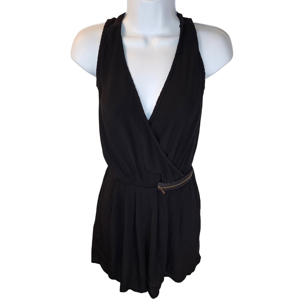 Sans Souci Black V-Neck Sleeveless Romper Exposed Zipper Detail XS GSR146